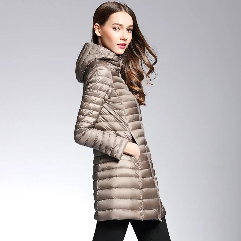 Women's Vintage Clothes Woman Spring Padded Hooded Long Jacket White Duck Down Female Overcoat Ultra Light Slim Solid Jackets Coat Portable Parkas