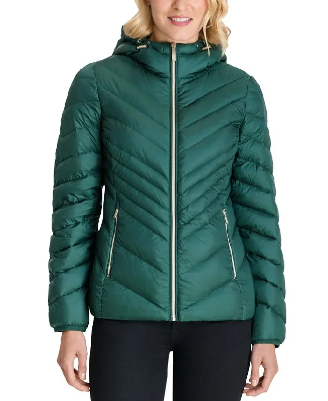 Women's High-Fashion Apparel Michael Michael Kors Women's Green Chevron Double Layer Zipper 3/4 Hooded Packable Coat