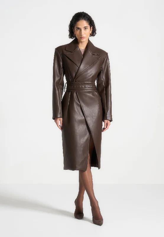 Women's Clothing Sets Leather Asymmetric Belted Coat - Brown