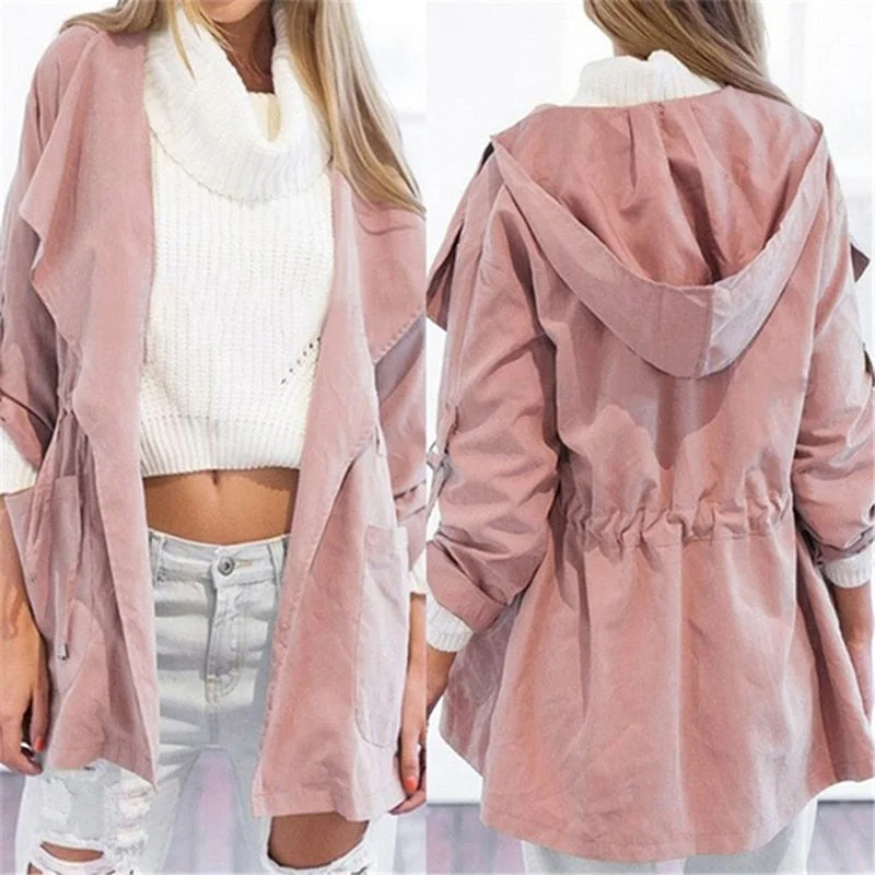 Chic Clothes For Women Autumn Women's Casual Hooded Windbreaker Coat Turndown Collar Overcoat Outerwear Coat Solid Color Trench Belt Slim Tops Coat