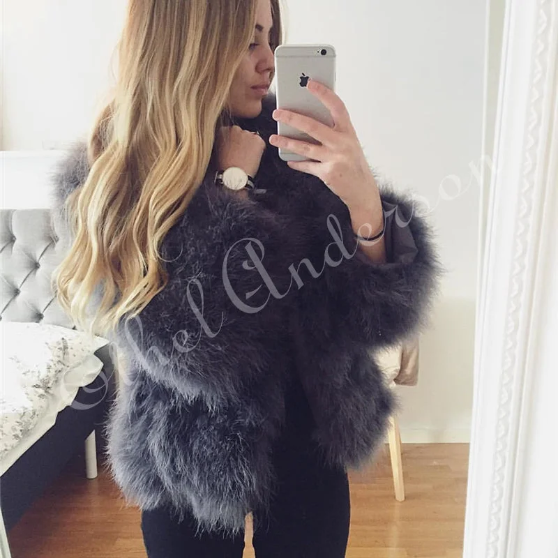 Classic Women's Apparel New Season's 100% Fluffy Feather Fever Fur Jackets Handmade Knitted Genuine Ostrich Fur Coat Women Retail Natural Fur Jacket