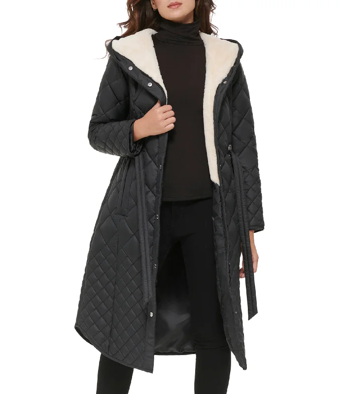 Unbeatable Discounts On The Latest Fashion Trends Belted quilted long jacket With Faux Sherpa Lining