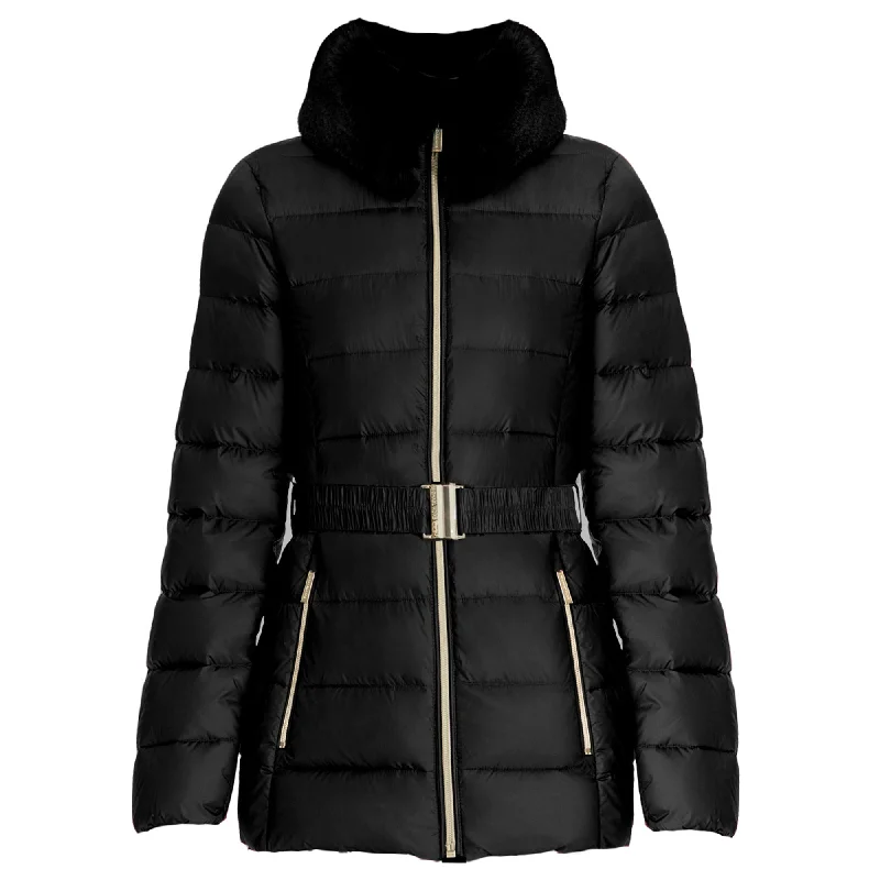 Charming Women's Holiday Apparel Michael Kors Women's Black Faux Fur Collar Belted Lightweight Down Puffer Coat