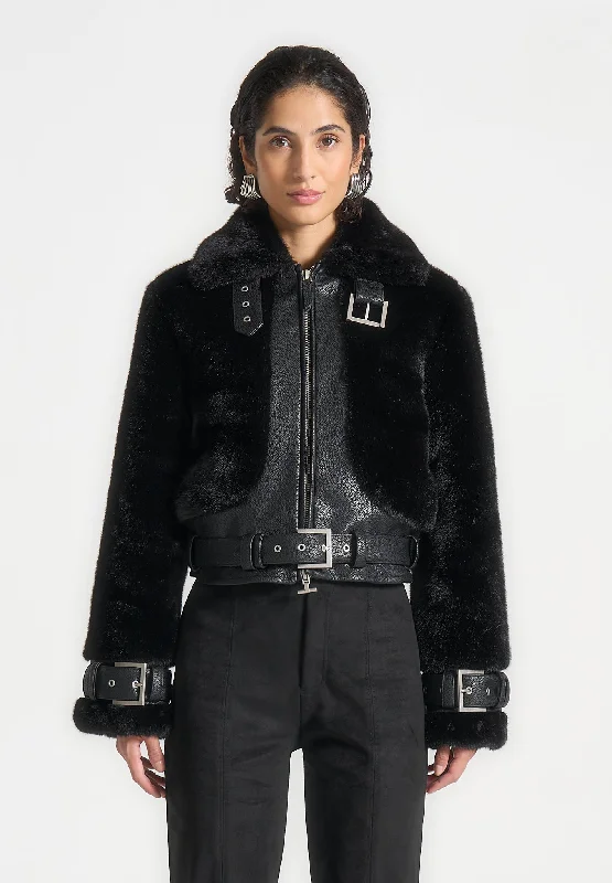 Women's Outfit Plush & Leather Belted Jacket - Black