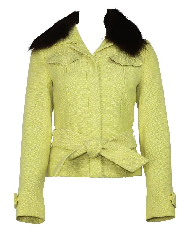 Stylish Women's Garments For Holidays Dolce & Gabbana Tweed Belted Jacket with Detachable Fur in Yellow Wool