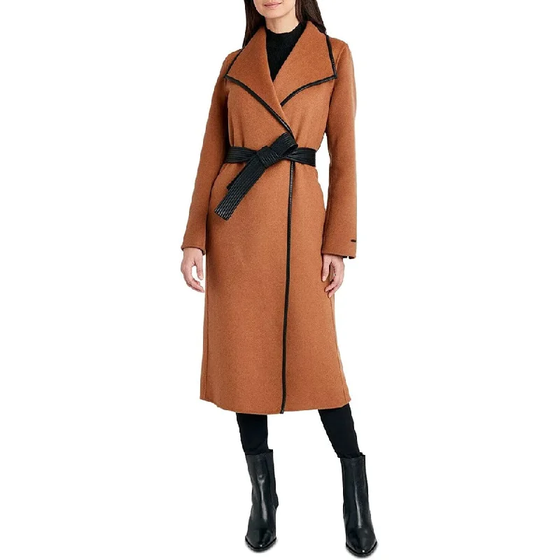 Women's Formal Apparel Tahari Women's Black Juliette Double Face Wool Belted Coat with Faux Leather Trim Caramel