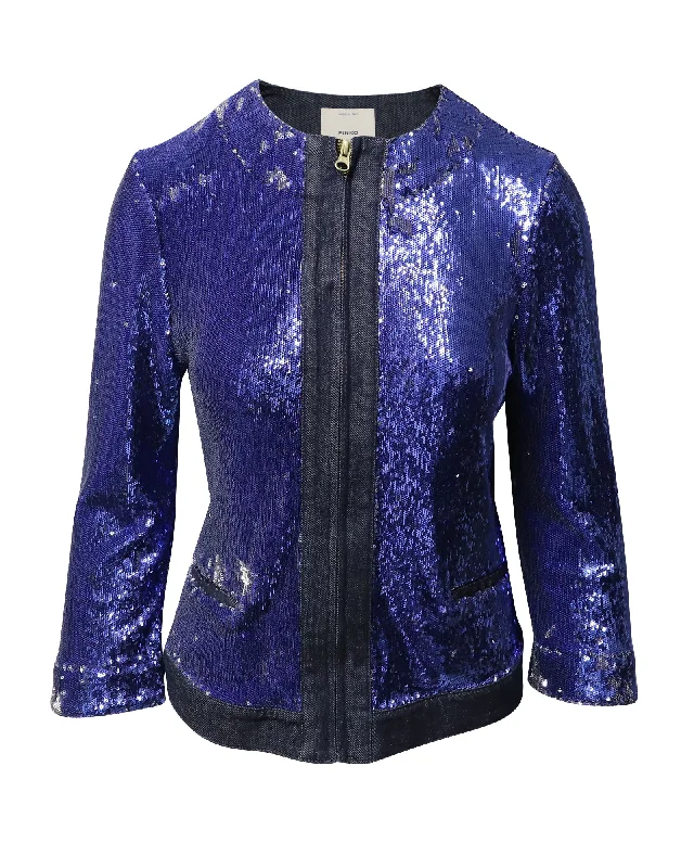 Women's Plus-Size Clothes Pinko Tag Sequin Embellished Jacket in Blue Denim