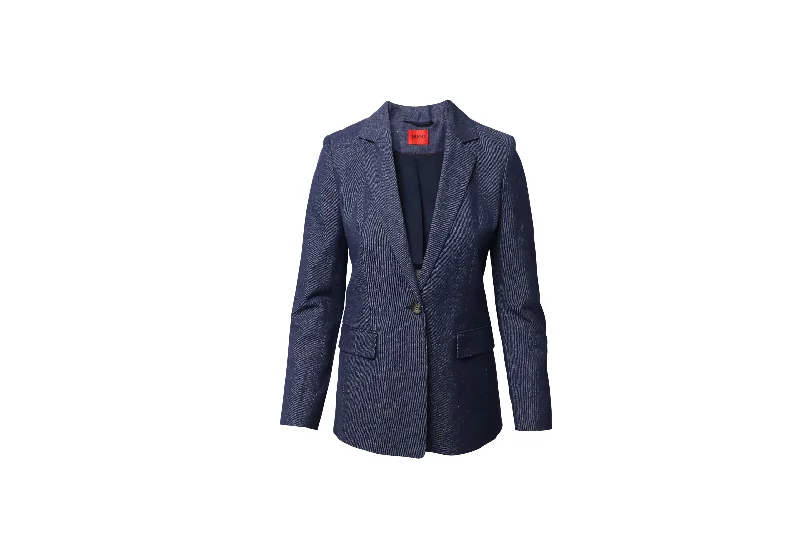 Women's Comfortable Apparel Hugo Denim Single-Breasted Jacket Blazer in Navy Blue Cotton Denim