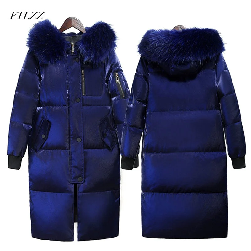 Women's Evening Garments FTLZZ Winter Long Down Jacket Women Big Fur Collar Hooded White Duck Down Long Parkas Coat Female Slim Snow Outerwear