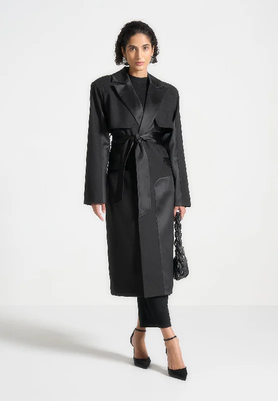 Affordable Elegance – Shop Premium Fashion Now Tailored Satin Trench Coat - Black