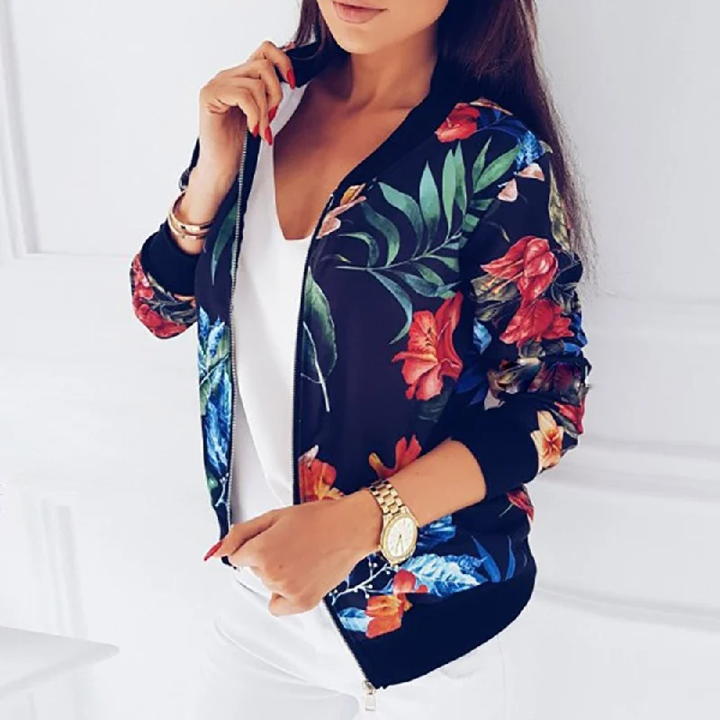 Women's Chic Apparel New Ladies Ribbed Trim Flower Print Bomber Jacket Women Autumn Printing Long Sleeve Casual Tops Zipper Jacket Outwear Loose Tops