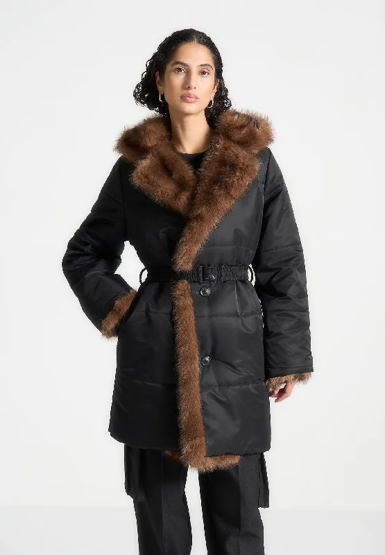 Women's Activewear Outfit Fur Longline Belted Coat - Black