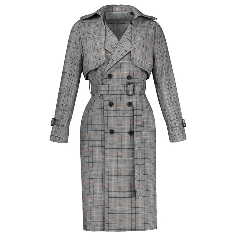 Charming Women's Garments Woman England Style Autumn Long Trench Coats 2018 Female Plaid Turn-Down Collar Sashes Gray Color Long Trench Coats For Woman