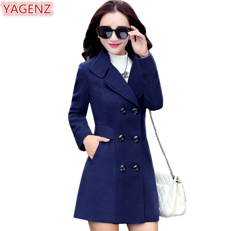 Women's Fashion Clothes YAGENZ Blends Woolens Overcoat Female Coat Autumn Winter Coats And Jackets Women Plus size Coat Women's Wool Coats Long Tops 647