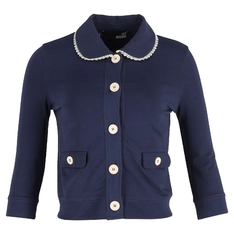 Women's Tailored Outfit Love Moschino Button Down Frilled-Collar Jacket in Navy Blue Cotton