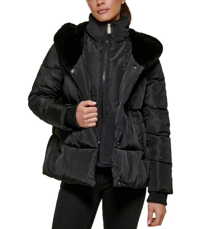 Women's Athletic Outfit Quilted Puffer with Bib and Faux Fur Lined Hood