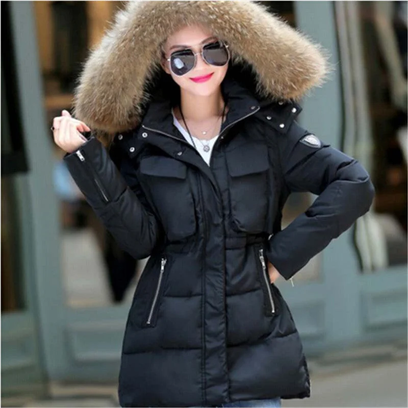 Women's Cozy Clothes AILOOGE 2017 Winter Jacket Women Thickening Slim Long Cotton Padded Coat Fur Hood Parka Women Manteau Femme