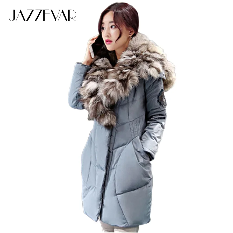 Women's Sporty Chic Clothes Jazzevar 2017 New Fashion Women's Winter Warm Down Coat Parkas 80% white duck with luxurious large real fox fur Down Jackets