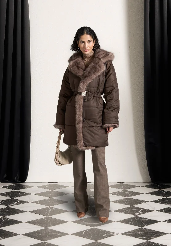 Women's Night-Out Clothes Fur Longline Belted Coat - Brown