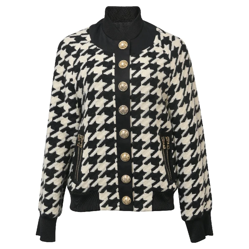 Limited-Stock Sale – Stylish Outfits At Lower Prices Balmain Button-embellished Houndstooth Bomber Jacket In Black Wool