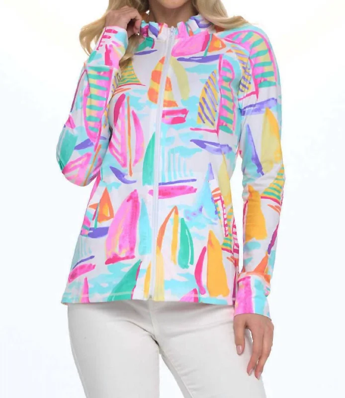 Stylish Women's Clothing Marcia Ruffle Neck Sailboat Print Jacket In Multi