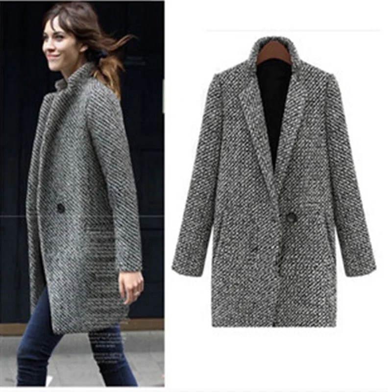 Women's Trendy Outfit 2017 Winter Coat Women Houndstooth Cotton Blend Coat Single Button Pocket Oversize Long Trench Coat Outerwear Woolen Coat Woman