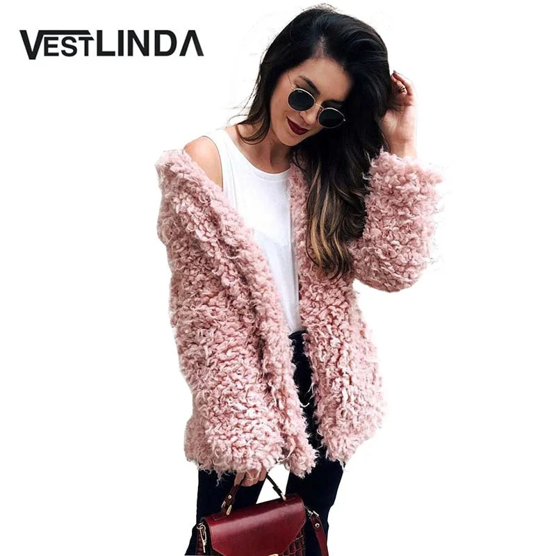 Women's Active Clothing VESTLINDA Winter Grey Wool Overcoat Warm Outerwear Women Pink Faux Fur Coat Turn Down Collar Long Sleeve Cardigan Female Outwear