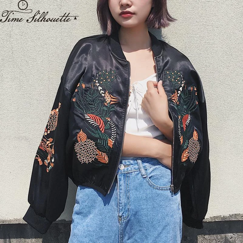 Women's Activewear Outfit Vintage Floral Embroidery Basic Jacket Coat Women Autumn 2018 Street Bomber Jacket Baseball Jackets Jaqueta Casaco Feminina L997