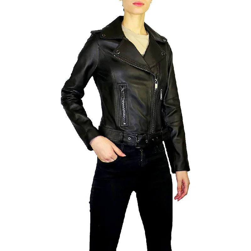 Women's Casual Apparel Michael Michael Kors Women's Black Leather Asymmetrical Zip Short Leather Jacket