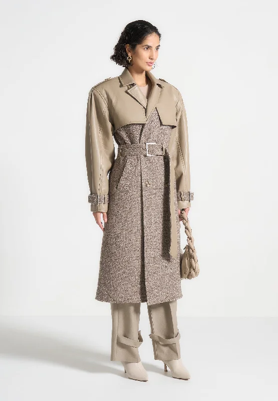 Formal Clothing For Women Herringbone Wool & Leather Trench Coat - Taupe