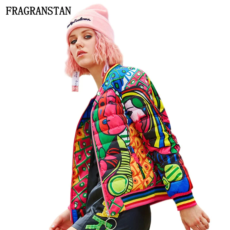 Classic Clothes For Women Women Winter New Stand Collar Down Jacket Fashion Abstract Print High Quality Parkas Female Casual Slim Baseball Uniform JQ752