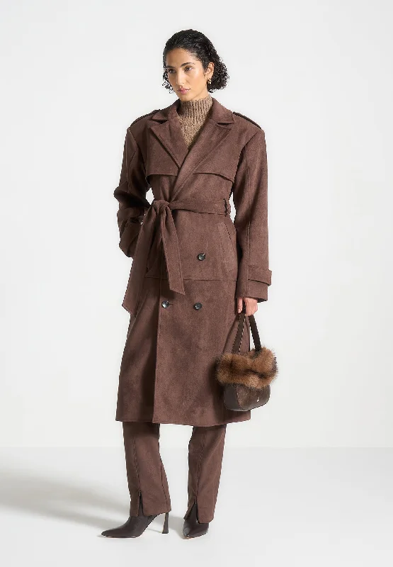 Affordable Women's Clothes Suede Trench Coat - Brown