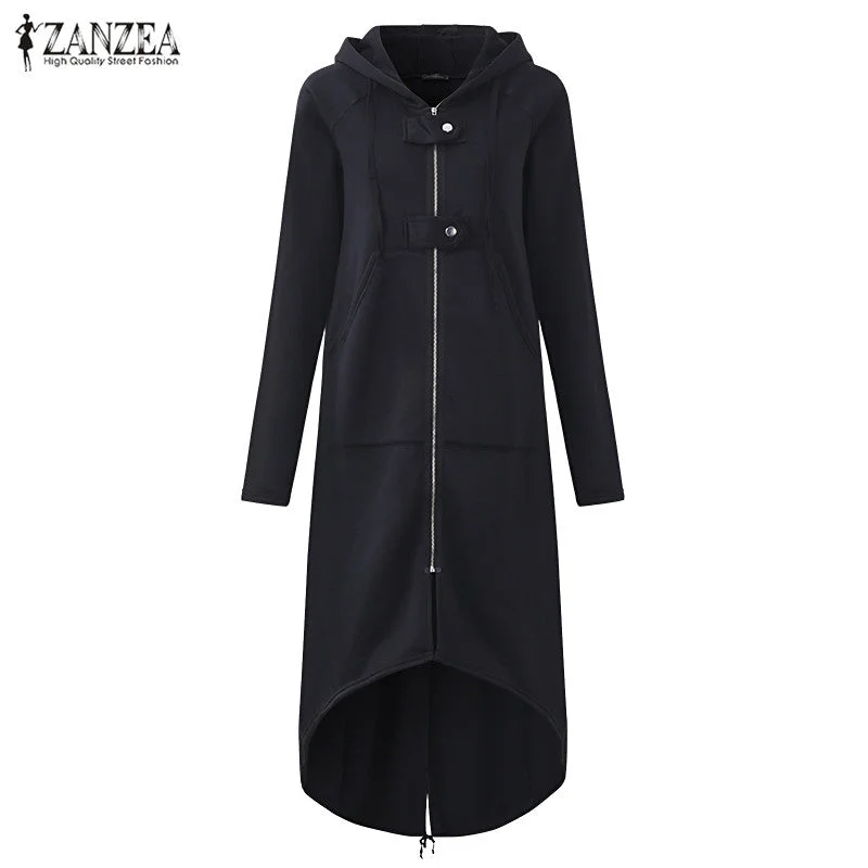 Huge Markdowns On Must-Have Fashion Essentials ZANZEA 2018 Autumn Hooded Long Sleeve Zip Sweatshirt Hoodies Coat Women Solid Long Jacket Irregular Hem Black Outwear Plus Size