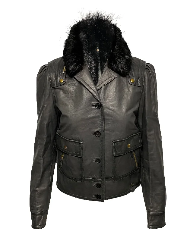 Affordable Women's Outfit Gucci Jacket with Fur Collar Detail in Black Leather