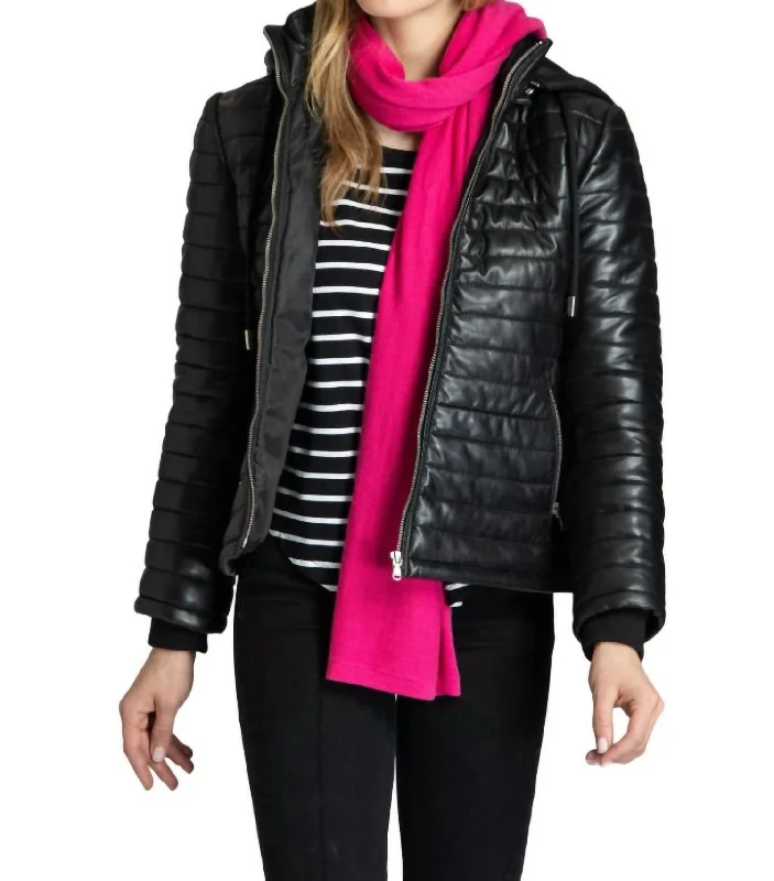 Women's Date Night Outfit Leather Puffer Jacket With Detachable Hood In Black