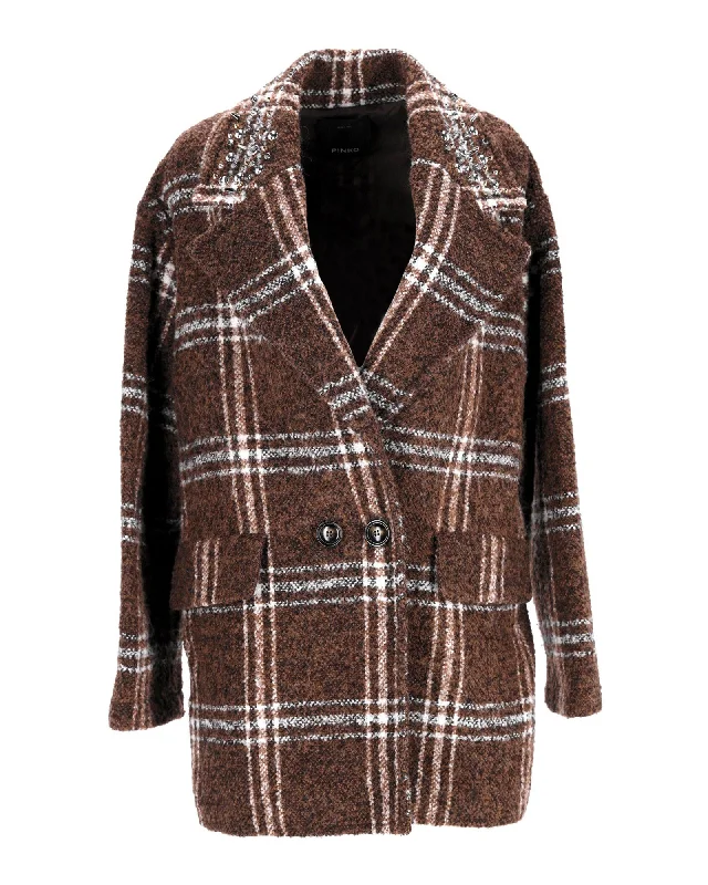 Women's High-Fashion Apparel Pinko Double-Breasted Check Coat in Brown Polyester