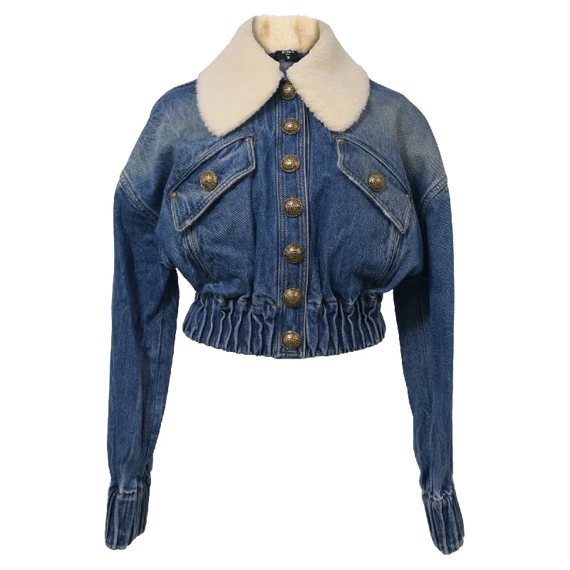 Women's Evening Wear Outfit Balmain Sherpa Collar Jacket in Blue Denim