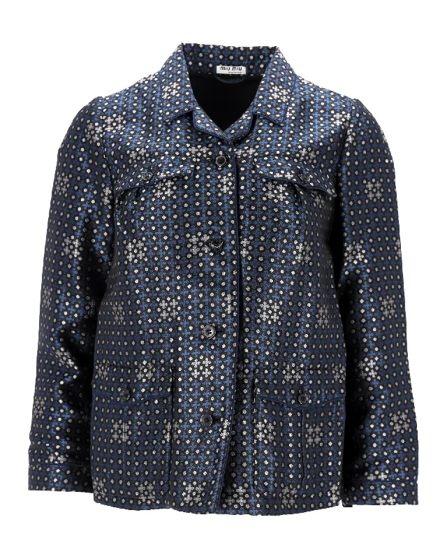 Women's Chic Outerwear Outfit Miu Miu Printed Jacket in Blue Acetate