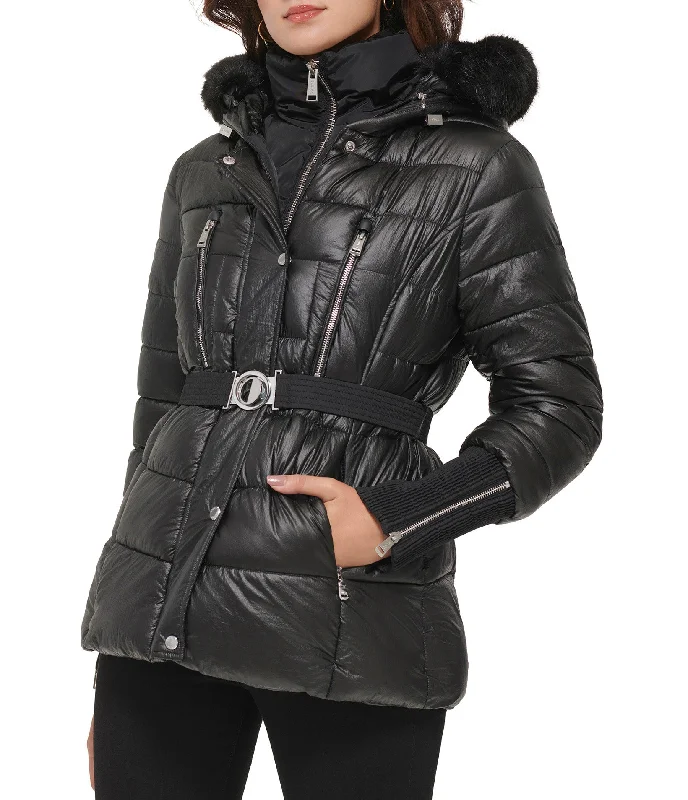 The Ultimate Fashion Sale – Stylish Looks For Less Apres Ski Crinkle Metallic Belted Coat With Hood