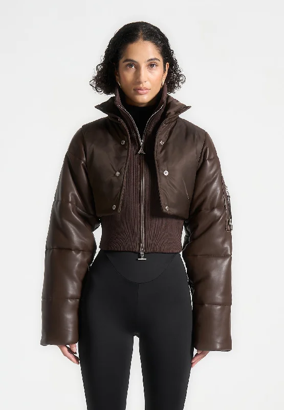 Women's Clothes For Special Occasions Leather and Nylon Layered Puffer Jacket - Brown