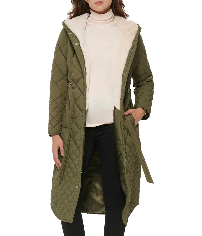 Stylish Fashion At Unbeatable Prices – Shop Belted quilted long jacket With Faux Sherpa Lining