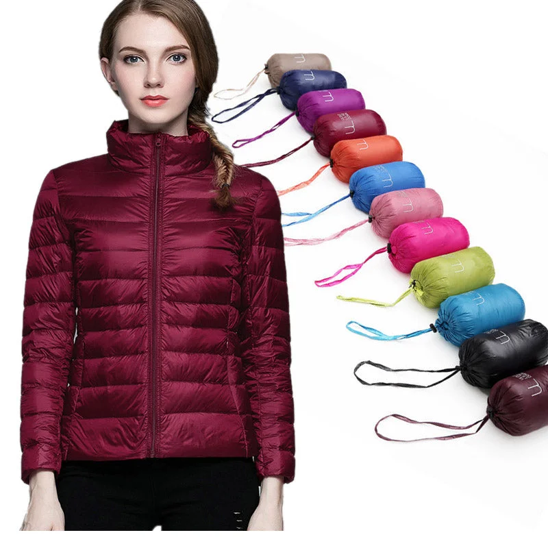 Women's Holiday Clothing Winter Women  Stand Collar 90% White Duck Down Jacket Female Ultra Light Down Jackets Slim Long Sleeve Parkas Candy Color Fashio