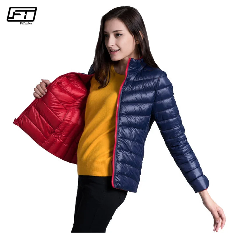 Women's Travel Apparel Fitaylor New Winter Women Down Jacket Ultra Light 90% White Duck Down Double Side Coats Short Design Slim Warm Parkas