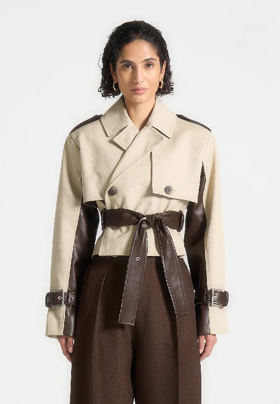 Tailored Clothing For Women Cropped Trench Coat with Belt - Beige/Brown