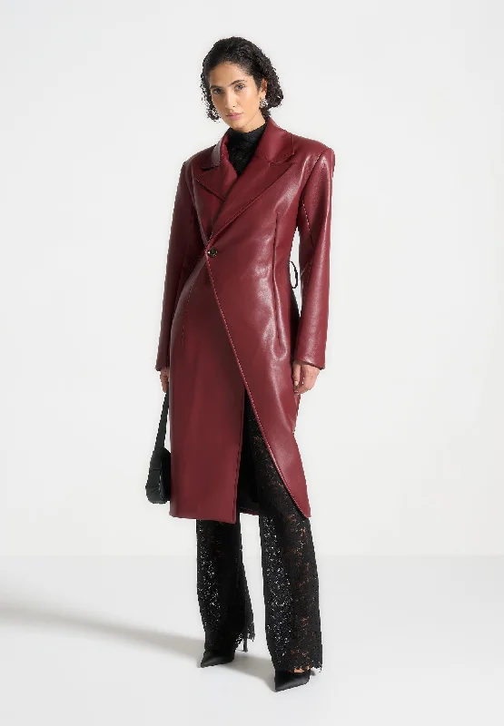 Fashionable Women's Outfit Leather Asymmetric Belted Coat - Wine Red