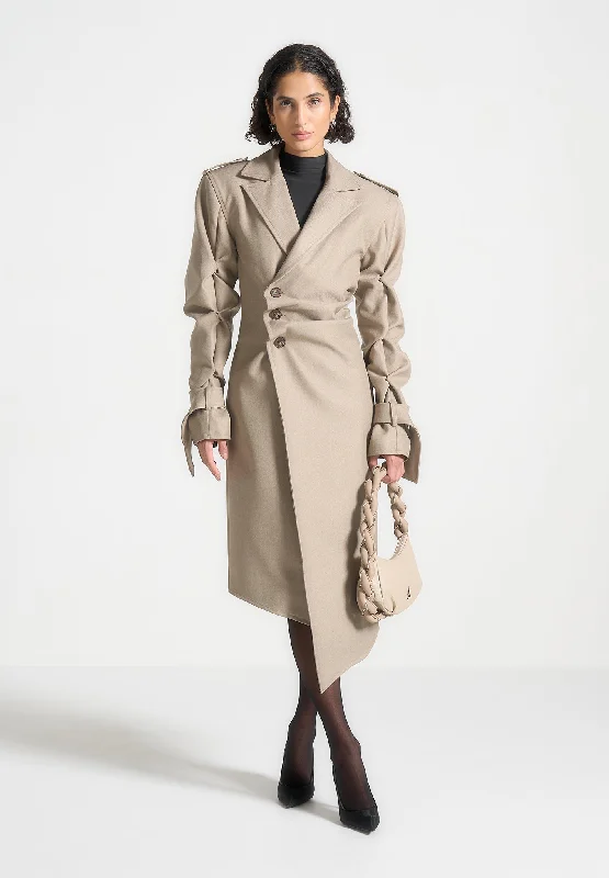 Women's Casual Wear Clothing Tacked Sleeve Asymmetric Tailored Trench Coat - Beige