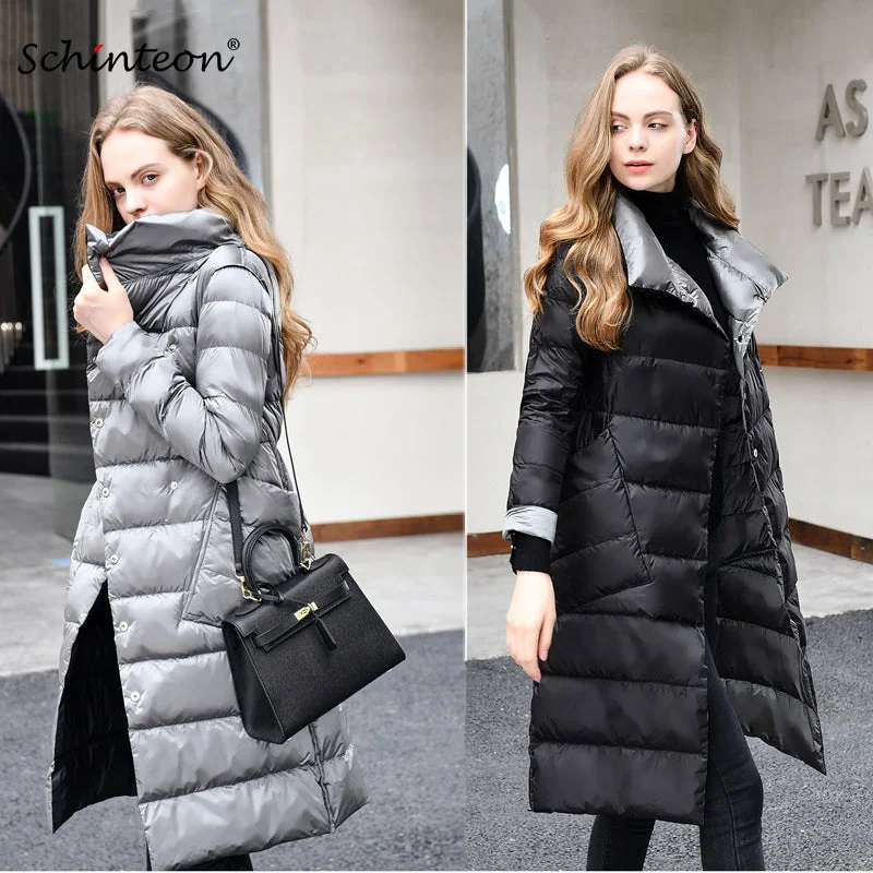 Women's Office Clothing 2018 Ultra Light Down Jacket Reversible Two Side Wear 90% white duck down Long Coat Slim Stand Collar Outwear Waterproof