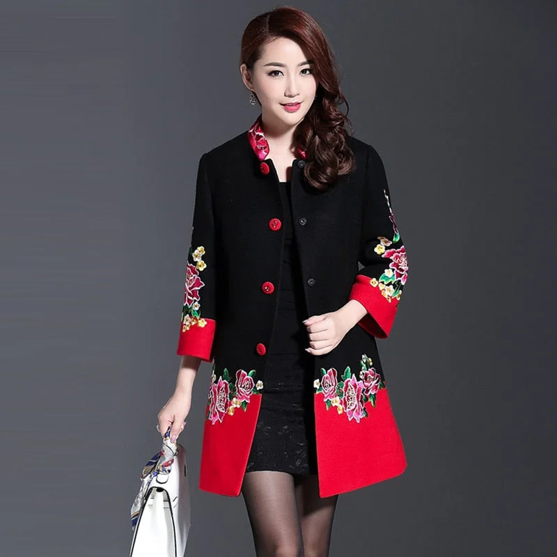 Women's Clothes For The Office Plus Size 4XL Cashmere Flower Embroidery Women Winter Long Coats 2018 Black Red Patchwork Single Breasted Eleagnt Overcoat