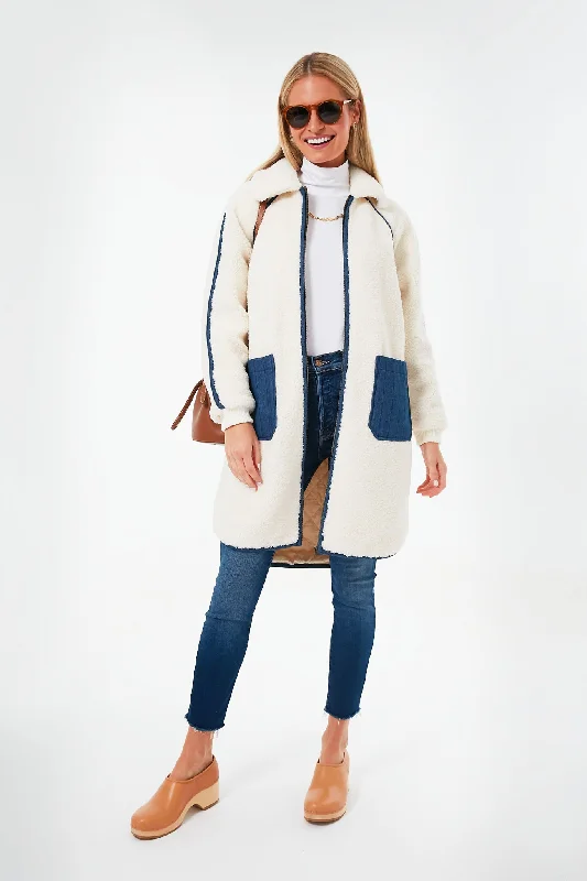 Affordable Luxury Women's Apparel Cream Sherpa with Denim Shepherd Coat