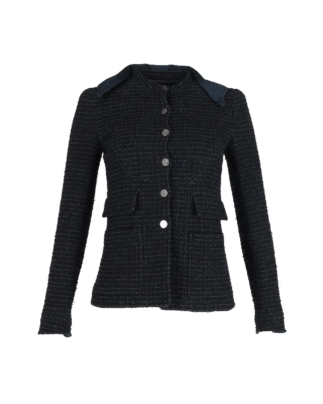 Women's Trendy Garments Chanel Boucle Tweed Fitted Jacket with Detachable Collar in Navy Blue Cotton